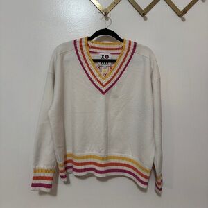 XO Women's V-Neck Sweater - Cream with Pink and Yellow Stripes
